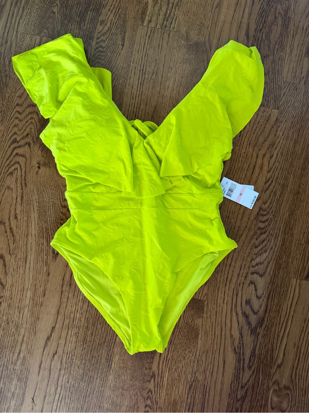 Trina Turk Neon Yellow One-Piece Ruffled Swimsuit with Palm trees size 10🌴👙 NWT